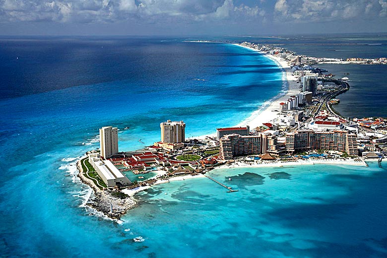 Aerial view of the seven mile long main beach at Cancun