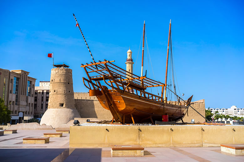 Traditional dhow at the Al Fahidi Fort, home to the Dubai Museum
