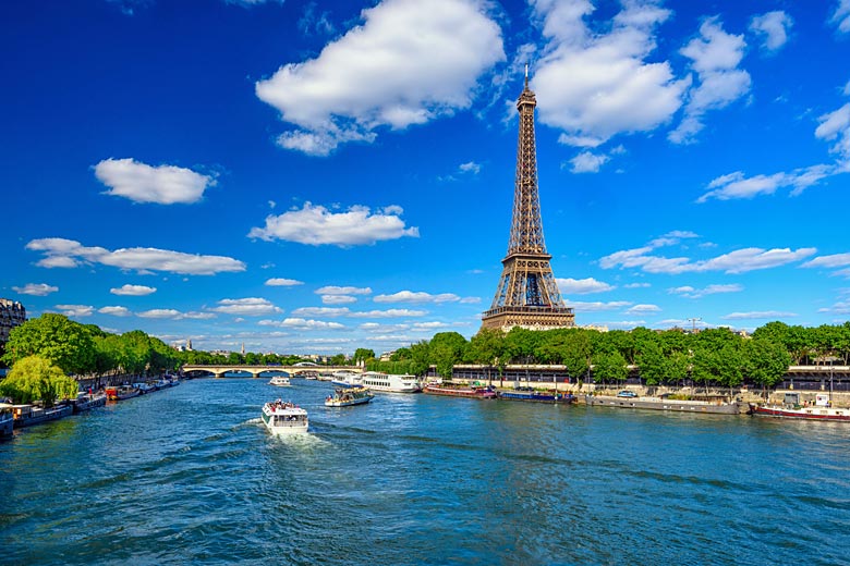 The familiar sight of the Eiffel Tower on the bank of the Seine