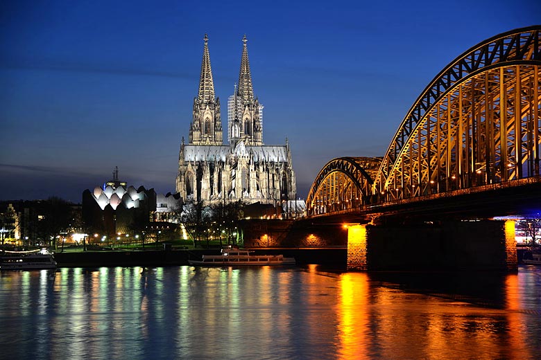 Floodlit Cologne Cathedral in the summer twilight