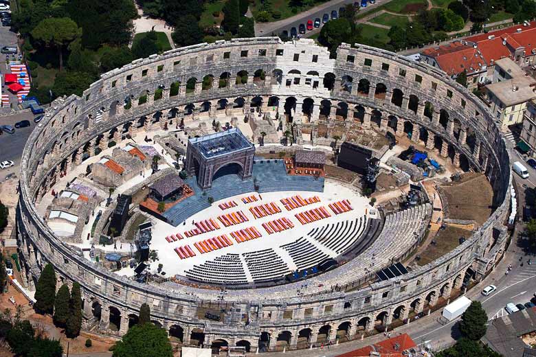 Stage set for a concert in the Roman amphitheatre in Pula, Istria