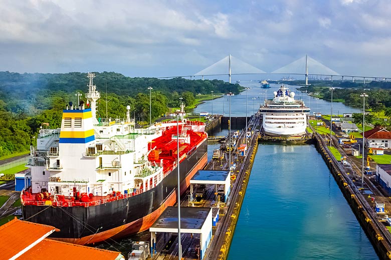 Ships passing in the Gatún Locks, Panama Canal