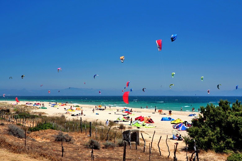 Kitesurfers and Sunbathers on Tarifa Beach, Costa de la Luz
