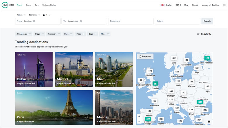 Kiwi.com Explore - discover trending destinations worldwide in 2024/2025
