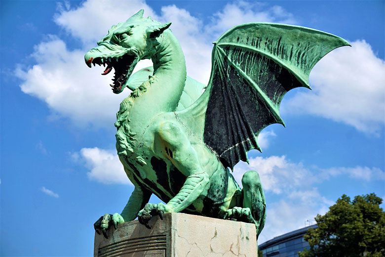 One of four dragons on the Dragon Bridge in Ljubljana, Slovenia