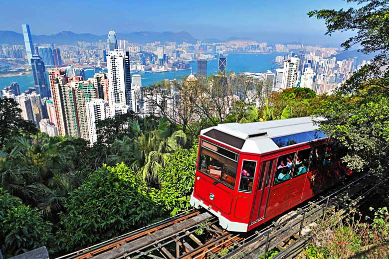 Riding the Peak Tram to the top of the Peak