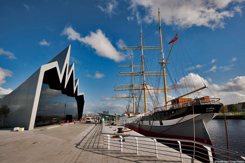 Riverside Museum Glasgow with the Tall Ship Glenlee moored alongside