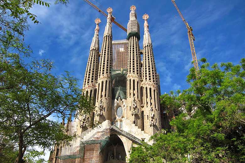 Four of the spires of the Sagrada Familia Basilica, Barcelona, Spain