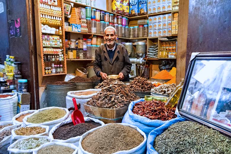 Selling spices in the souk in Fes, Morocco