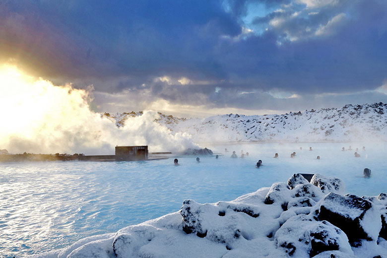 Swimming in the Blue Lagoon in mid winter, Iceland