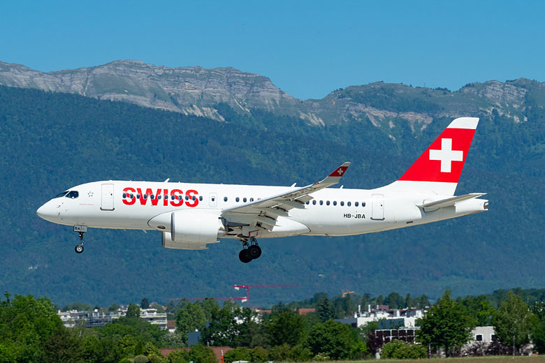 Swiss Airbus A220-100 landing at Geneva Airport, Switzerland