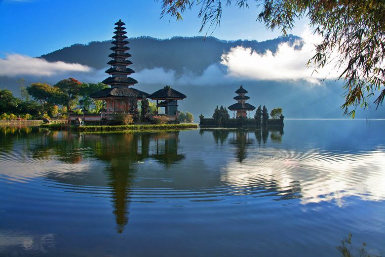 Temple beside mountain lake, Bali, Indonesia