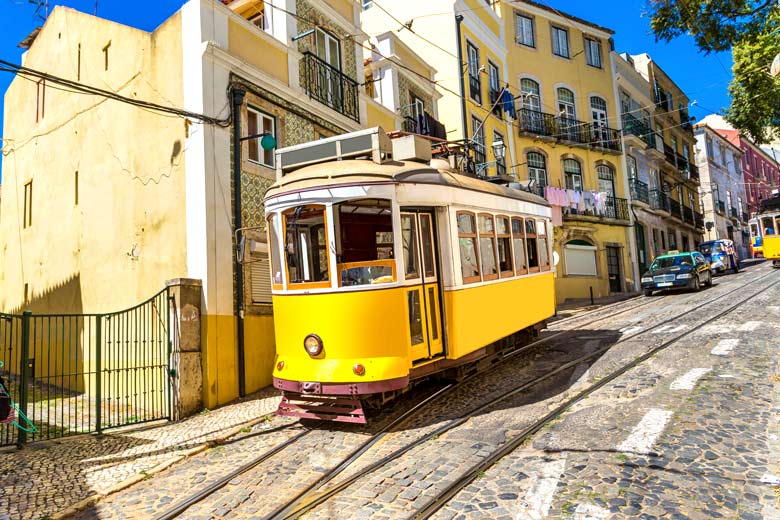Tram on the cobbled streets of Lisbon