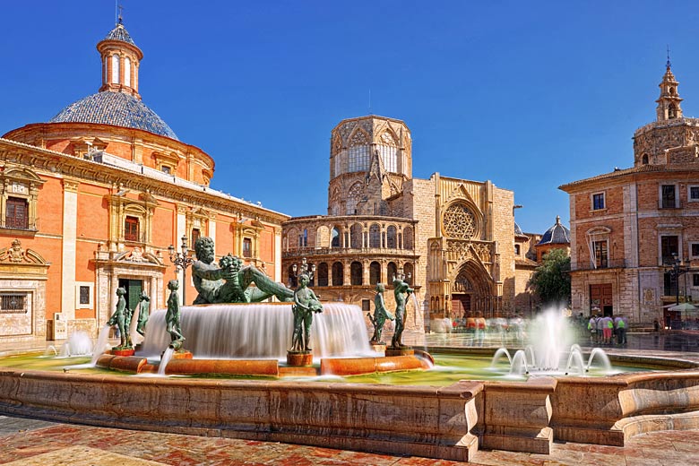 The Turia Fountain in the Plaza de la Virgen, Valencia, Spain