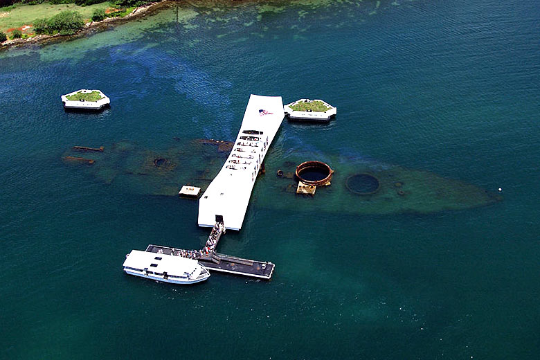 USS Arizona from above at the Pearl Harbor Memorial