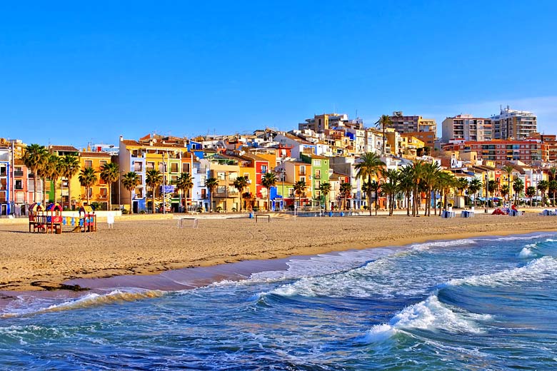 The colourful façades lining the beach at Villajoyosa, Costa Blanca