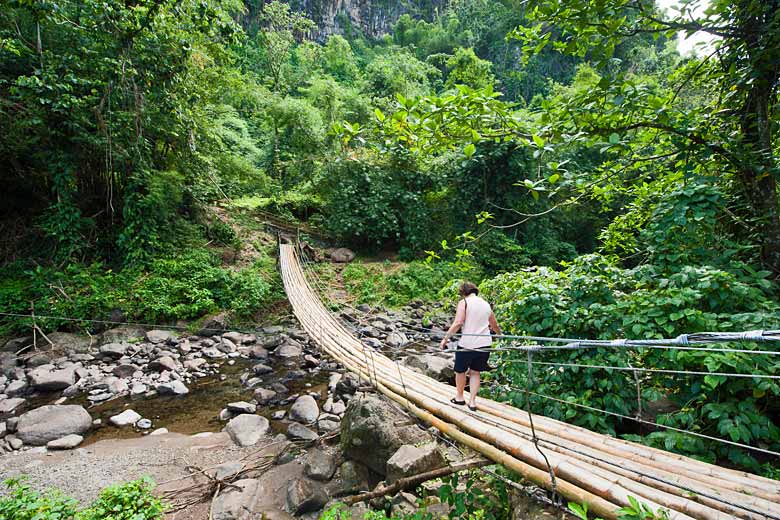 Crossing the Richmond River on a bamboo bridge Crossing the Richmond River on a bamboo bridge
