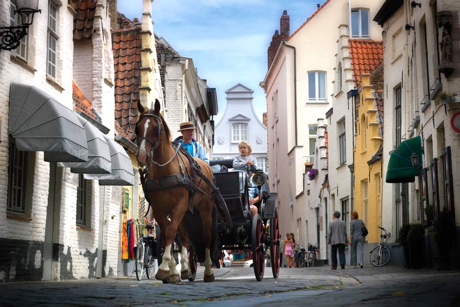 Driving through the streets of Bruges, Belgium