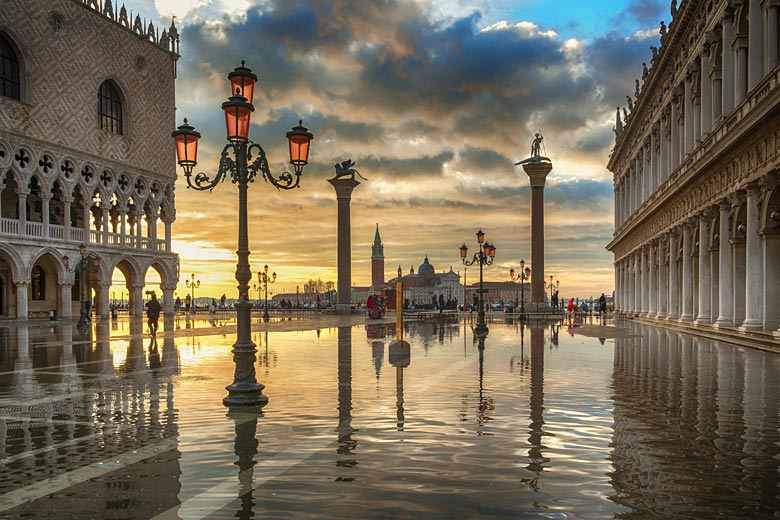 The flooded expanse of St Mark's Square The flooded expanse of St Mark's Square