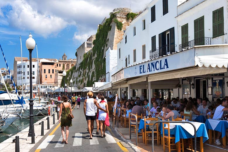 Harbourfront restaurants in Ciutadella, Menorca © Ian Dagnall - Alamy Stock Photo