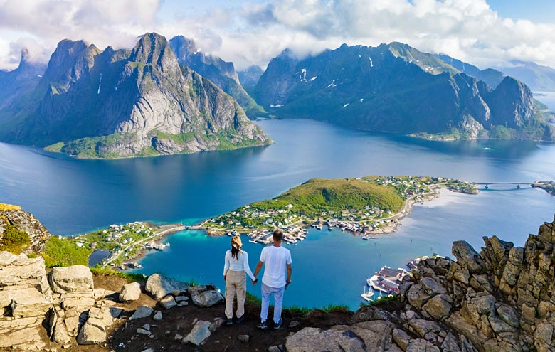 Hiking on Reinebringen in the Lofoten Islands, Norway Hiking on Reinebringen in the Lofoten Islands, Norway