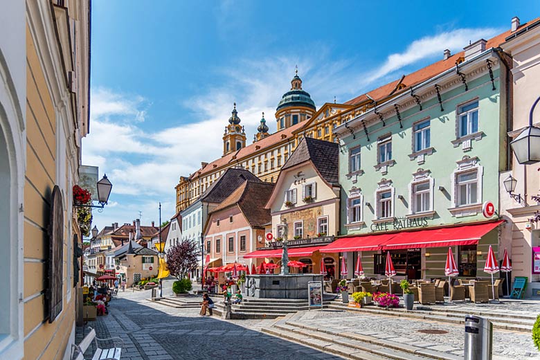 The historic Old Town of Melk on the Danube in Austria The historic Old Town of Melk on the Danube in Austria
