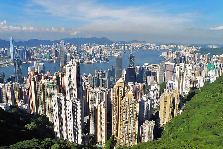 View over Hong Kong harbour from the top of the Peak Tram