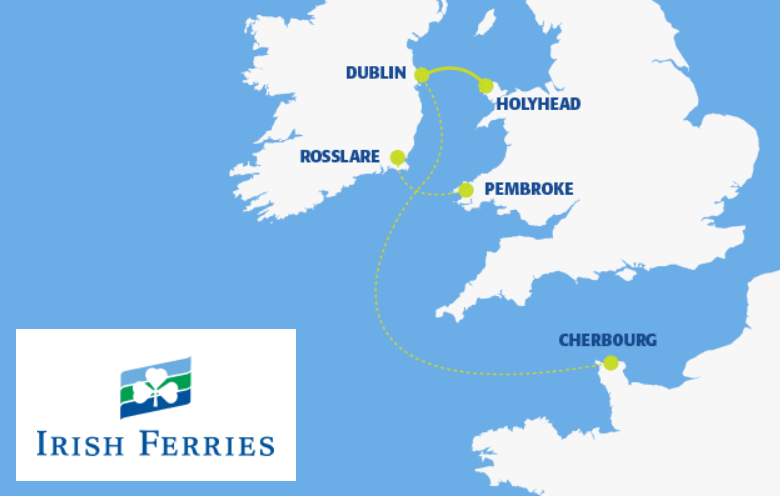 Irish Ferries route map between UK, Ireland & France