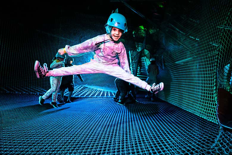 Jumping around at Bounce Below, North Wales