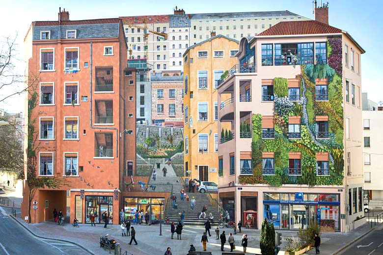 Detailed street scene mural on the side of a building in Lyon