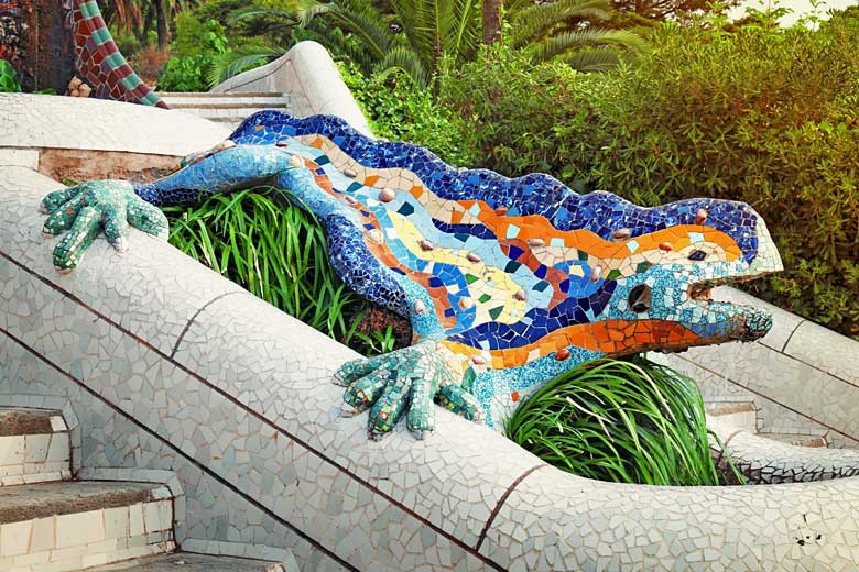 Mosaic lizard fountain at Gaudi's Guell Park, Barcelona Mosaic lizard fountain at Gaudi's Guell Park, Barcelona