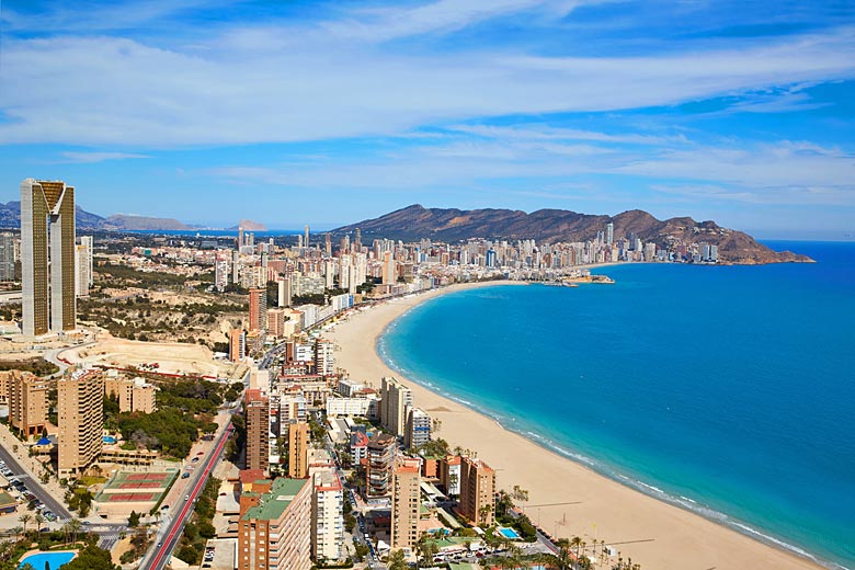 One of the two massive beaches in Benidorm, Costa Blanca, Spain