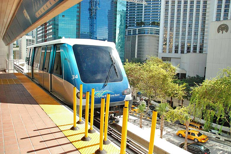 The elevated Metromover shuttle in downtown Miami The elevated Metromover shuttle in downtown Miami