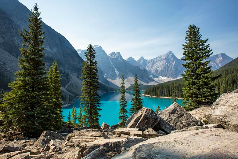 Blue waters of Moraine Lake, Alberta Blue waters of Moraine Lake, Alberta