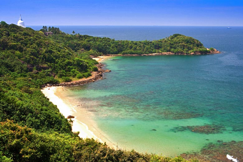 The Peace Pagoda with Jungle Beach below, Sri Lanka