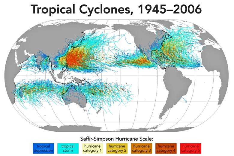 Tropical storm risk map - regions affected by tropical storms