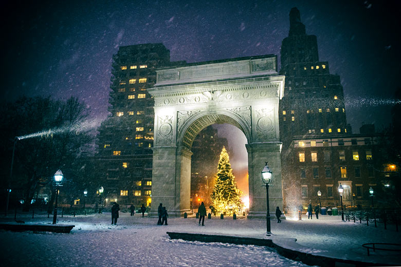 Evening snow shower in Washington Square Park, New York City