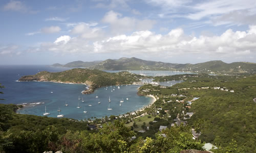 View of Falmouth Bay and English Harbour from Shirley Heights, Antigua © Jeff Gynane